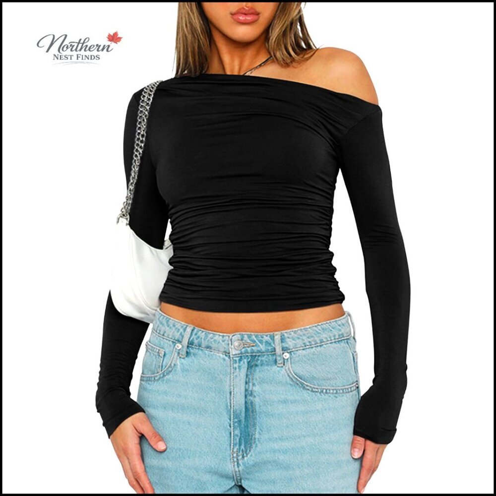 One Shoulder Long Sleeve Crop Top Ruched Slim Fit Asymmetrical Neck T-Shirt